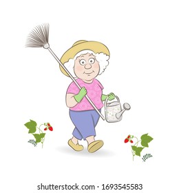 Vector illustration of a cute old lady with a watering can and rake, seasonal work in the garden.The cartoon design.