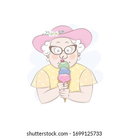 Vector Illustration Of A Cute Old Lady Eating Ice Cream, Cartoon Design Isolated On A White Background.