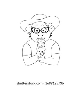 Vector illustration of a cute old lady eating ice cream.Linear silhouette isolated on white background.