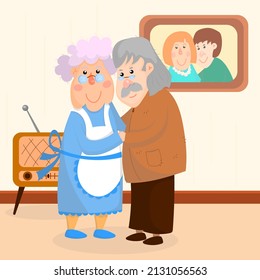 vector illustration of cute old people dancing a slow dance to the sounds of the radio. illustration for a postcard and for the day of the elderly