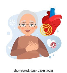 Vector Illustration Of A Cute Old Woman Holding On To A Heart. The Concept Of Heart Disease. Heart Attack.
