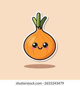 Ilustração vetorial de uma cebola fofa com um rosto sorridente sobre um fundo marrom
