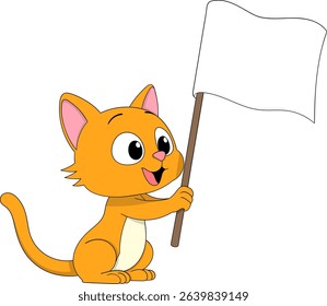 Vector illustration of a cute orange cartoon cat happily holding a waving white flag