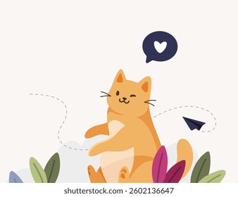 Vector illustration of a cute orange cat with a heart speech bubble on a beige background. Playful and friendly design. Perfect for banners, ads, and children’s materials