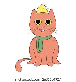 Vector illustration of cute orange cat with green scarf and mohawk.