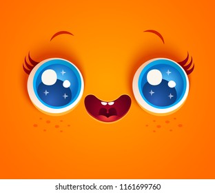 Vector illustration of cute orange face. Kawaii face with blue eyes and freckles.