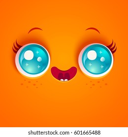 Vector illustration of cute orange face. Kawaii face with eyes and freckles