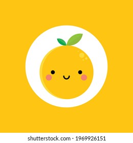 Vector illustration of cute orange flat with smile face. Happy orange fruit with a happy expression mascot character. Perfect for the design of a fruit shop, market store, or health food concept.