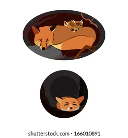 Vector illustration cute orange fox with little foxes sleeping in a hole