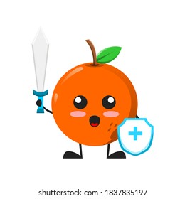 ilustración vectorial de una linda mascota de frutas anaranjadas o peleas de personajes con espada y escudo. lindo concepto naranja blanco aislado. Estilo de caricatura plana Adecuado para Aterrizar Página, Cartel, Volante, Pegatina.