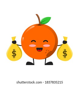 vector illustration of cute orange fruit mascot or character holding money sack. cute orange fruit Concept White Isolated. Flat Cartoon Style Suitable for Landing Page, Banner, Flyer, Sticker.
