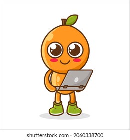 vector illustration of cute orange fruit mascot or character holding laptop. cute orange fruit Concept White Isolated. Flat Cartoon Style Suitable for Landing Page, Banner, Flyer, Sticker. 