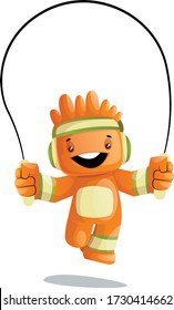 Vector Illustration Of a Cute Orange Monster Jumping A Rope Isolated On White Background