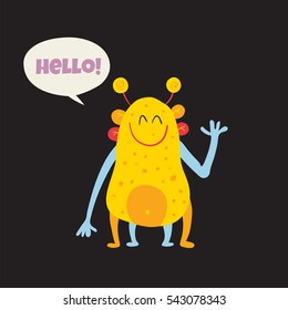 vector illustration of a cute orange monster with Hello text in a bubble