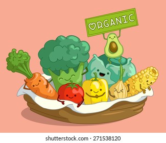 Vector Illustration of cute organic vegetables in the basket on pink background