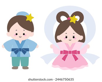 Vector illustration of cute Orihime and Hikoboshi. July, tanabata, festival, icon, star