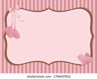 Ilustración vectorial de un adorable marco adornado de un libro de relaves vacío con un pájaro rosado y un par rosado de botellitas de bebé para una ducha de bebé o anuncio recién nacido