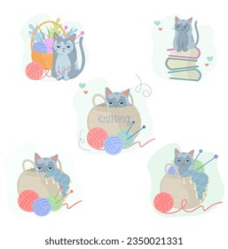 Vector illustration with cute other cat character isolated on white background. Flat art clipart of cats with ball of yarn, knitting basket, books for web, postcard, banner. Cute cat set