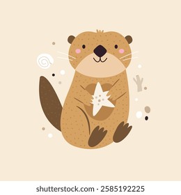 Vector illustration of cute otter character holding shell. Funny marine creature. Cartoon composition with adorable animal