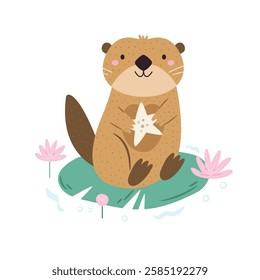 Vector illustration of cute otter character. Funny marine creature sitting on water lily with seashell. Cartoon composition with adorable animal