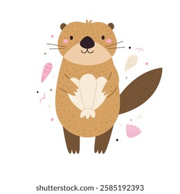 Vector illustration of cute otter character. Funny marine creature. Cartoon composition with adorable animal