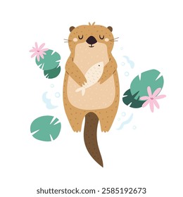 Vector illustration of cute otter character. Funny marine creature floating with fish. Cartoon composition with adorable animal