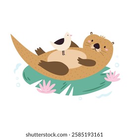 Vector illustration of cute otter character. Funny marine creature with seagull bird. Cartoon composition with adorable animal