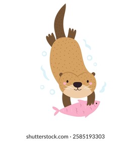 Vector illustration of cute otter character. Funny marine creature swimming with fish. Cartoon composition with adorable animal