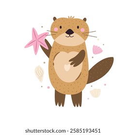 Vector illustration of cute otter character holding sea star. Funny marine creature. Cartoon composition with adorable animal
