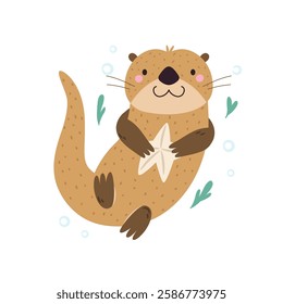 Vector illustration of cute otter character holding sea star. Funny marine creature. Cartoon composition with adorable animal
