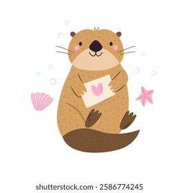 Vector illustration of cute otter character holding romantic letter. Funny marine creature. Cartoon composition with adorable animal