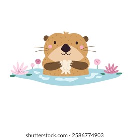 Vector illustration of cute otter character holding sea star. Funny marine creature. Cartoon composition with adorable animal