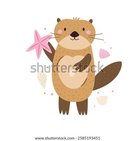Vector illustration of cute otter character holding sea star. Funny marine creature. Cartoon composition with adorable animal
