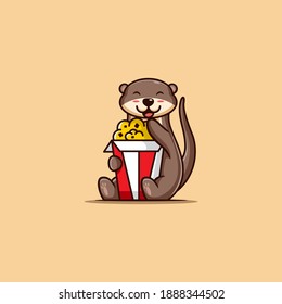 vector illustration. a cute otter enjoying his popcorn. flat cartoon style.