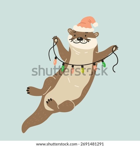 Vector illustration of a cute otter wearing a New Year's hat and holding a garland of colorful lights in its paws. Flat style.