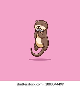 vector illustration. a cute otter who is enjoying eating his favorite fish. flat cartoon style.