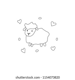 Vector illustration of cute outline cartoon sheep with hearts and dots