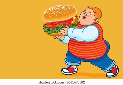 Vector illustration of cute overweight blonde boy, holding big cheeseburger, excited to eat, enjoy favorite fast food, isolated on yellow,Problem of fat kids enjoying their favorite junk food concept.