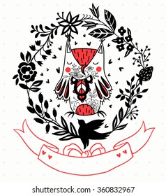 vector illustration of a cute owl with abstract floral wreath