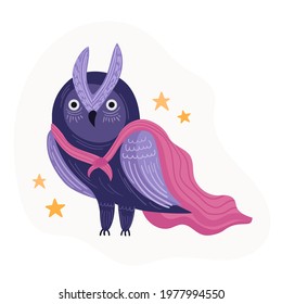 Vector illustration cute owl with blanket and stars for children's rooms.