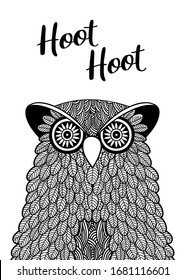 Vector illustration of cute owl in doodle line art. Hoot Hoot. Can be used as a template for your card design, coloring book, invitation, poster, apparel print.