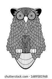 Vector illustration of cute owl in doodle line art. Can be used as a template for your card design, coloring book, invitation, poster, apparel print.