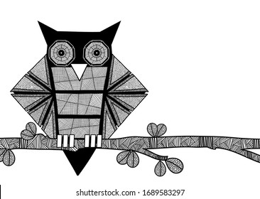 Vector illustration of cute owl in doodle line art. Can be used as a template for your card design, coloring book, invitation, poster, apparel print.