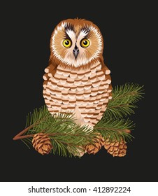 Vector illustration of cute owl and fir branch