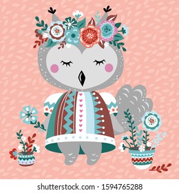 Vector illustration of a cute owl, with flowers, wreath, vases with flowers.