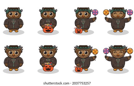 Vector illustration of cute Owl with Frankenstein costume. Owl character vector design. Good for label, sticker, clipart.