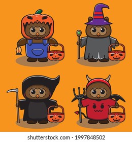 Vector illustration of cute Owl Halloween cartoon set. Pumpkin, Wizard, Reaper and devil costume set. Good for icon, logo, label, sticker, clipart.