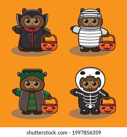 Vector illustration of cute Owl Halloween cartoon set. Dracula, mummy, Frankenstein and Skeleton costume set. Good for icon, logo, label, sticker, clipart.