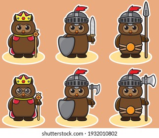 Vector illustration of cute Owl King and knight cartoon set. Owl king and knight set. Good for icon, logo, label, sticker, clipart.