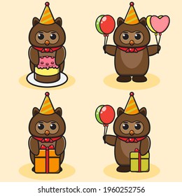 Vector illustration of cute Owl Party cartoon set. Good for icon, logo, label, sticker, clipart.